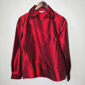 Coldwater Creek Satin Top Burgundy Beaded Long Sleeve Button Down Small Vamp
